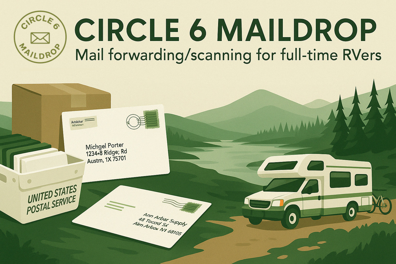 Circle 6 Maildrop banner with RV and mail graphic